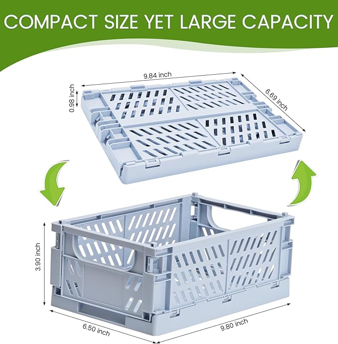 4-Pack Small Pastel Plastic Storage Baskets, Collapsible Crates for Organizing, Space-Saving Mini Bins for Classroom, Kitchen, Office, Bedroom (Blue, 9.8" x 6.5" x 3.8")