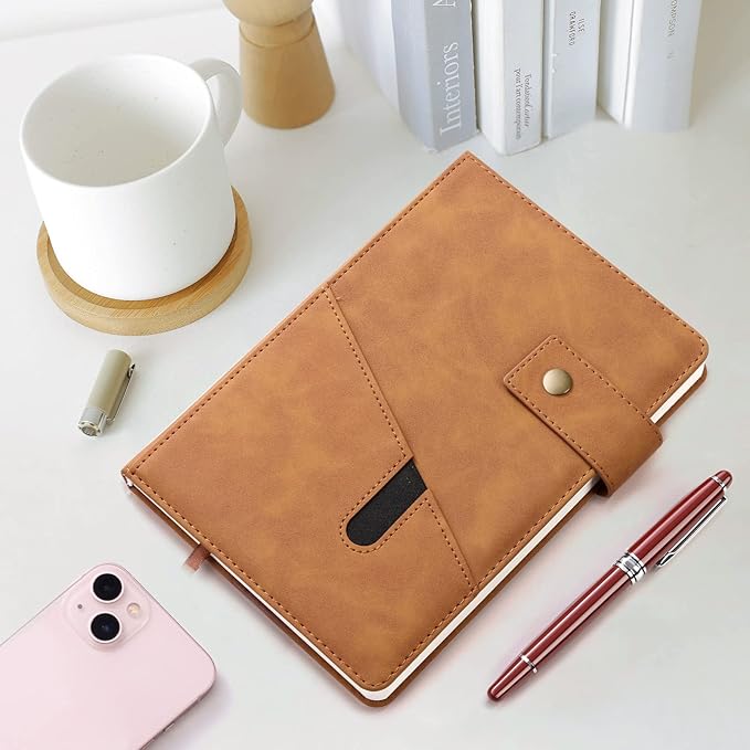 A5 Leather Journal Notebook with Pen, 200 Pages Hardcover Journal with Pocket, 100gsm Thick Lined Paper Daily Diary for Men and Women, Great Gift for Business School Travel Personal - Brown
