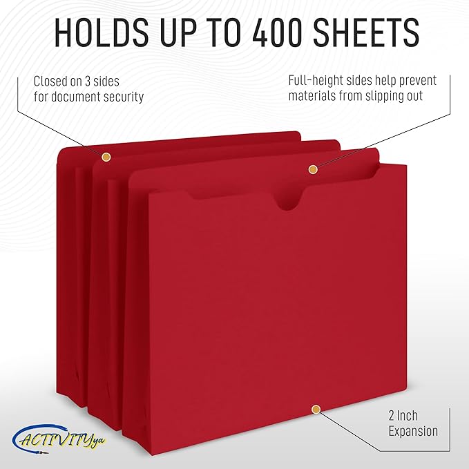 Red File Jackets, 2 Inch Expansion, Letter Size, Reinforced Straight-Cut Tab, 6 Pack
