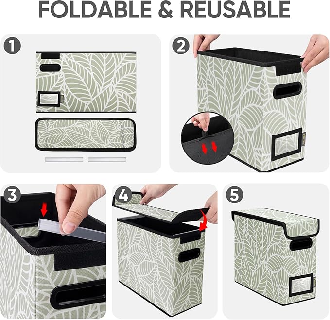 BALEINE File Organizer Box with Lid, Collapsible File Folder Organizer with Plastic Slide, Hanging File Folder Box for Office Document Storage (1 Pack, Antique Foliage, S)