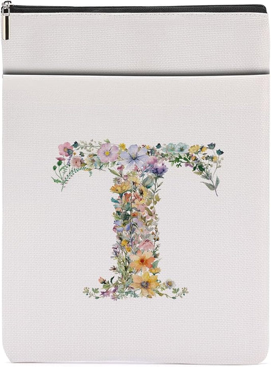 Monogrammed Book Sleeve Floral T Initial Book Pouch Book Accessories Book Lovers Gifts Waterproof Book Cover Book Protector Bookish Gifts Personalized Gifts for Women Girls Readers Bride Teacher