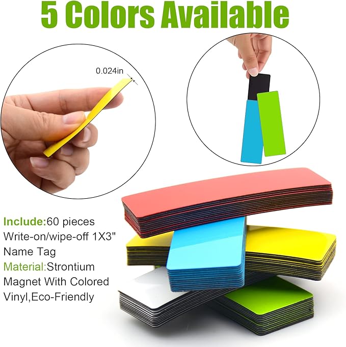 Dry Erase Magnetic Labels (1x3",Pack of 60),Write On Magnets Sticker,Real Waterproof/Reusable for Classroom&Office&Cabinet&whiteboard&Fridge&More (Yellow)