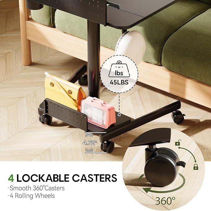 JOY worker Mobile Standing Desk with 60° Tiltable Desktop, 28" Height Adjustable Rolling Desk, DIY Pegboard & Storage Base, Portable Laptop Desk with 4 Lockable Wheels for Home Office, Black