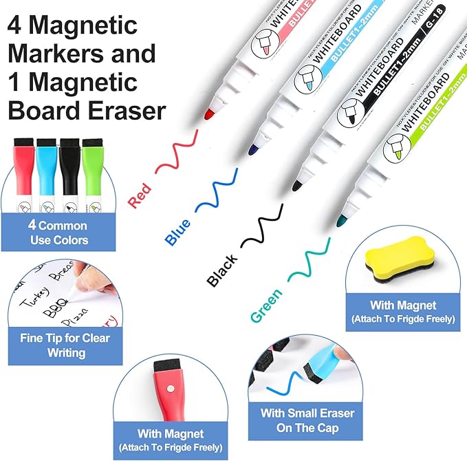 2 Pack Magnetic Dry Erase Board Sheet for Fridge, 12"x8" Erasable Refrigerator WhiteBoard w/ 4 Markers & 1 Eraser- Smooth and Flexible Small Magnet Blank Notepad for Home Kitchen Organizer and Planner