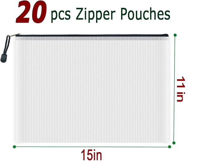 AUSTARK 20 Pcs Zipper File Bags, Plastic Mesh Pouch, Board Game Storage, Waterproof Bags for Office School (B4 Size 15''x11'', White and Black)