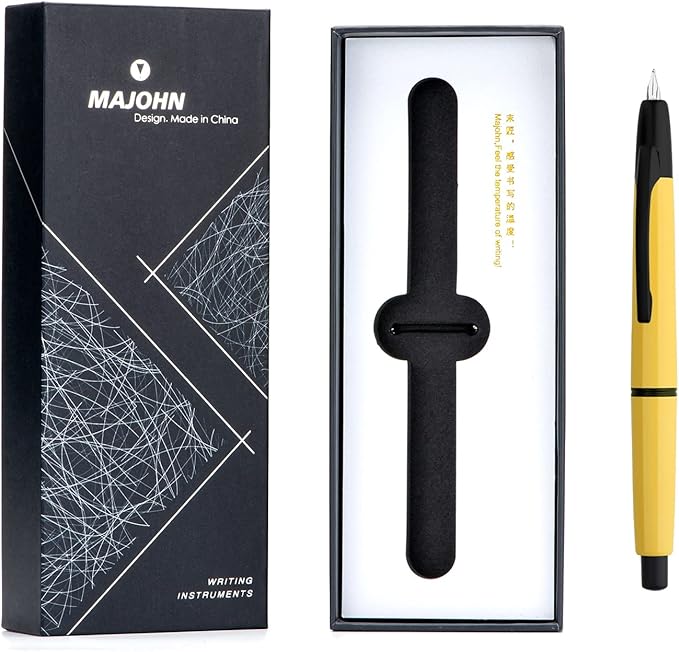 Majohn A2 Press Fountain Pen Extra Fine Nib with Box, Retractable Yellow Resin Ink Pen with Converter Writing Set (Black Clip Version）