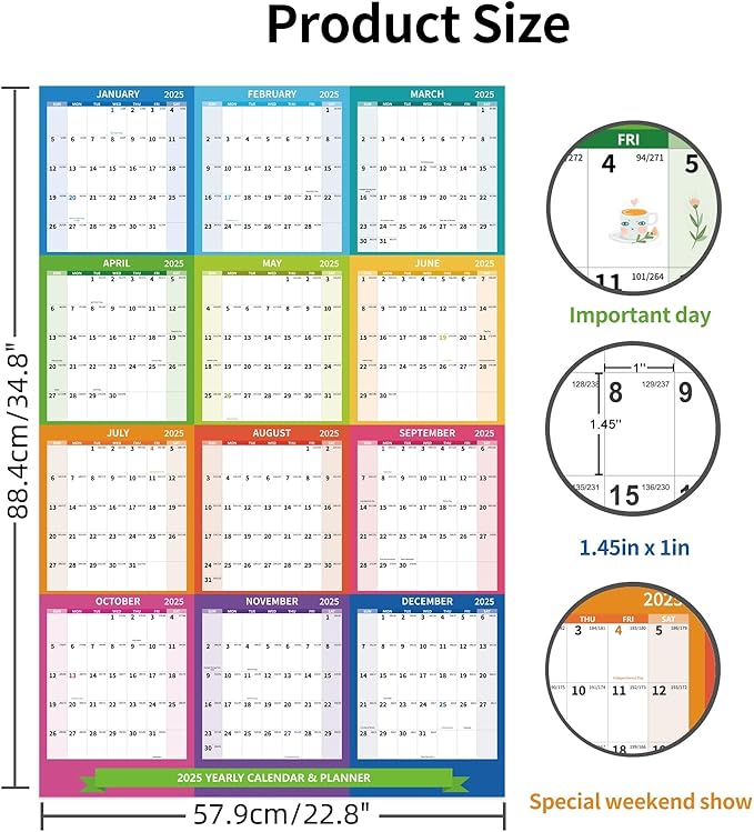 2025 Wall Calendar 34.8" x 22.8" Large Vertical Yearly Wall Hanging Calenda with Julian Date Thick Paper Calendar 12 Month Annual Wall Planner for Wall Office Fridge(Coloured)