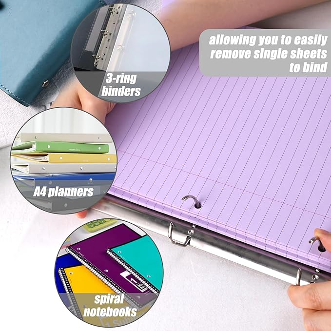 HIBOX 100 Sheets Wide Ruled Loose Leaf Paper, 8x10.5 Inch, 3-Hole Punched, Purple Filler Paper for School & Office
