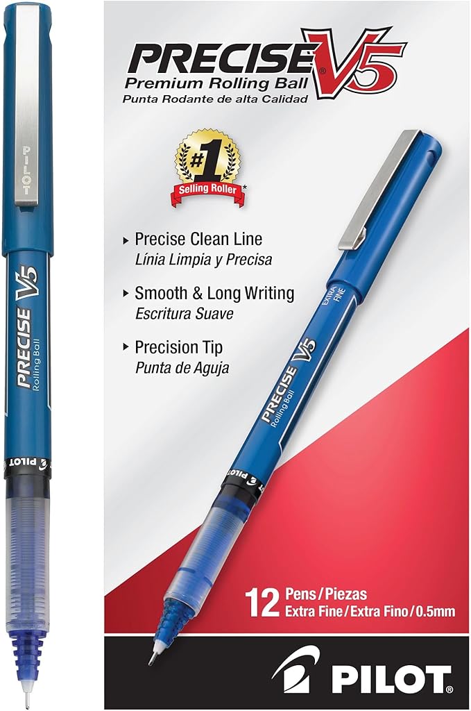 Pilot, Precise V5, Capped Liquid Ink Rolling Ball Pens, Extra Fine Point 0.5 mm, Blue, Pack of 12
