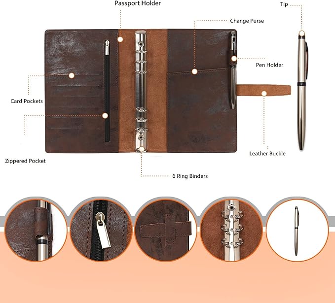 Wonderpool Leather Journal Refillable Binder A5 Writing Notebook Folder Organiser with Dotted Paper & Multi Pockets Cover for Business School Travel (A5, Coffee)