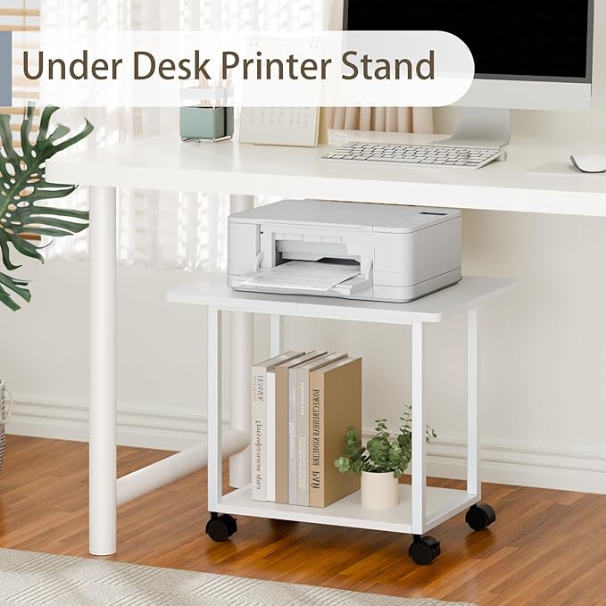 MARTY 22"x15.75" Large Under Desk Printer Stand with Storage Shelf 2-Tier Rolling Printer Cart with Wheels Printer Table for Home Office Heavy Duty Storage Rack for Scanner Fax Machine, White