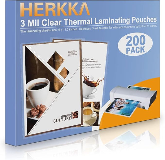 HERKKA 200 Pack Laminating Sheets, Holds 8.5 x 11 Inch Sheets, 3 Mil Clear Thermal Laminating Pouches 9 x 11.5 Inch Lamination Sheet Paper for Laminator, Round Corner Letter Size