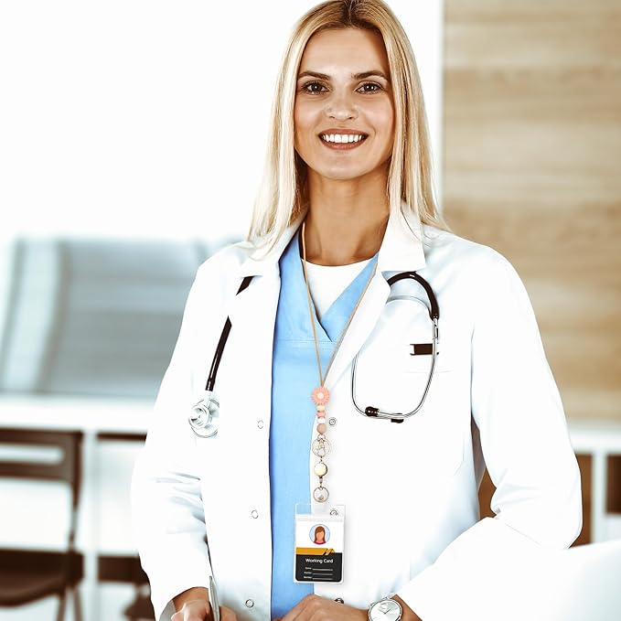 Colorful ID Badge Holder with Silicone Beads Lanyard Set,Cute Teacher Breakaway Lanyard for Keys & Keychain with Cute Retractable Badge Reel Holder,Gift for Women,Nurse, Teacher. (Daisy 3)