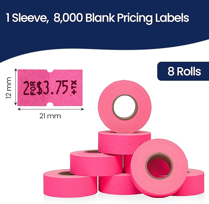 Perco 1 Line Fluorescent Pink Labels - 8 Rolls, 1 Sleeve, 8,000 Blank Price and Date Gun Labels for Perco 1 Line Price and Date Guns - Made in USA