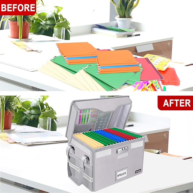 DocSafe File Box Fireproof Document Box with Lock, File Storage Organizer Box with Pockets,Collapsible Portable File Box Home Office File Cabinet with Handle for Hanging Letter/Legal Folder,Silver