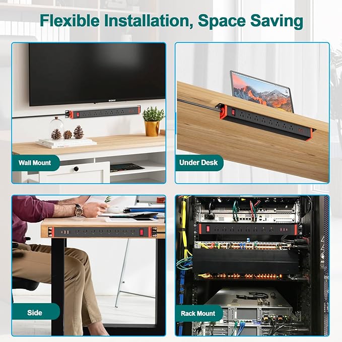 QBA 8 Outlet Heavy Duty Power Strip with USB Ports, Rack Mount Surge Protector with 360° Rotating Brackets, USB C PD 20W, Wall Mount Power Strip for Home Office Garage Workshop