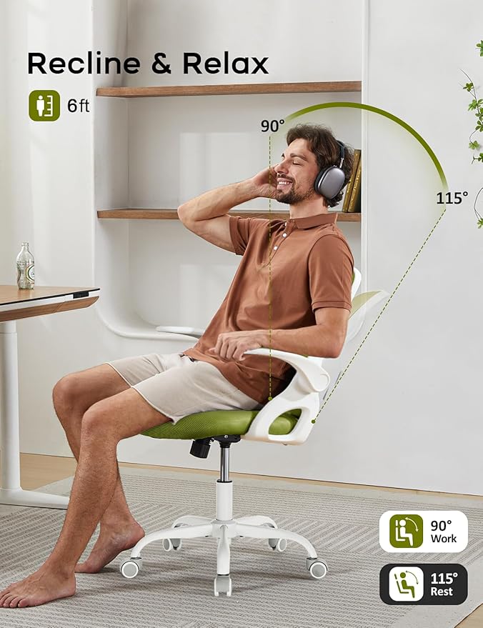 Mesh Office Chair Ergonomic Desk Chair with Up&Down Front&Rear 2 Dimensions Adjustable Lumbar Support and Flip-up Arm Rocking Comfy Swivel Computer Task Chair for Home Office(White-Green)