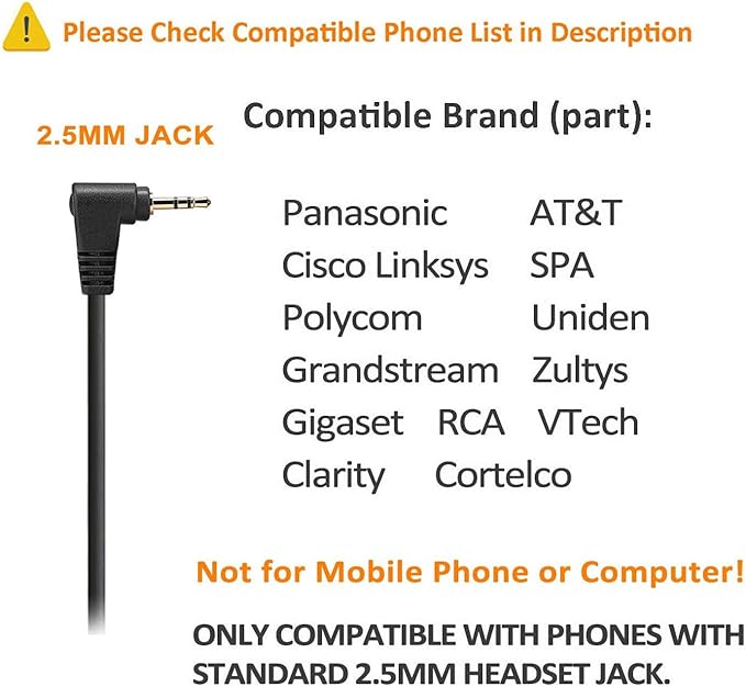 Cosyplus 2.5mm Telephone Headset Monaural with Noise Cancelling Microphone for DECT AT&T ML17929 Vtech Panasonic KX-T7630 Polycom Clarity XLC3.4 Office IP and Cordless Dect Phones（T10）