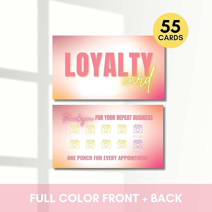 Beauty Business Loyalty Card, 10-Punch Reward System, Business Card size, 55 cards, full color high gloss front and back, UV coated, Modern design, create your own reward (Yellow and Coral)