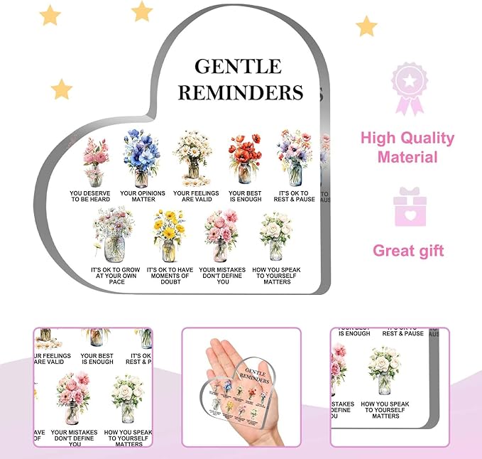 Gentle Reminders Decor, Positive Affirmations Desktop Art Decorations for Home Therapy Office School Counselling Office Mental Health Awareness Gifts, Heart Shape Acrylic Flowers Sign Decor