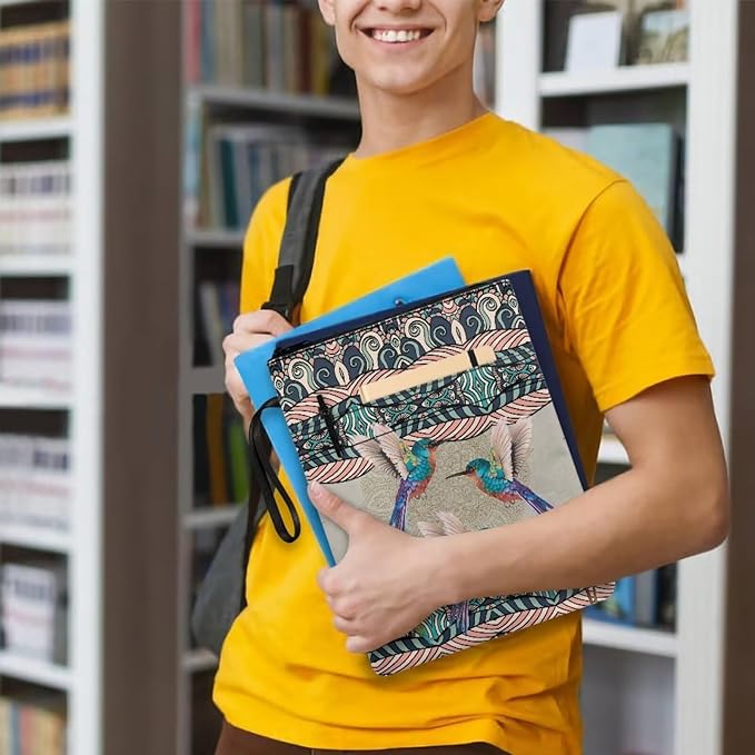 COEQINE Aesthetic Hummingbirds Aztec Style Book Cover with Zipper and Handle for Portable Travel Accessories Washable Fashion Book Lovers Book Protection Pouch