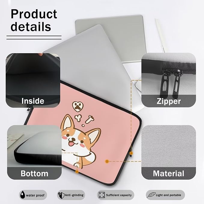 Cute Corgi Laptop Sleeve for Women Girls 12 inch Laptop Protector with Multiple Uses Computer Carrying Case PinkTablet Bag Lap Top Case Men Laptop Protector