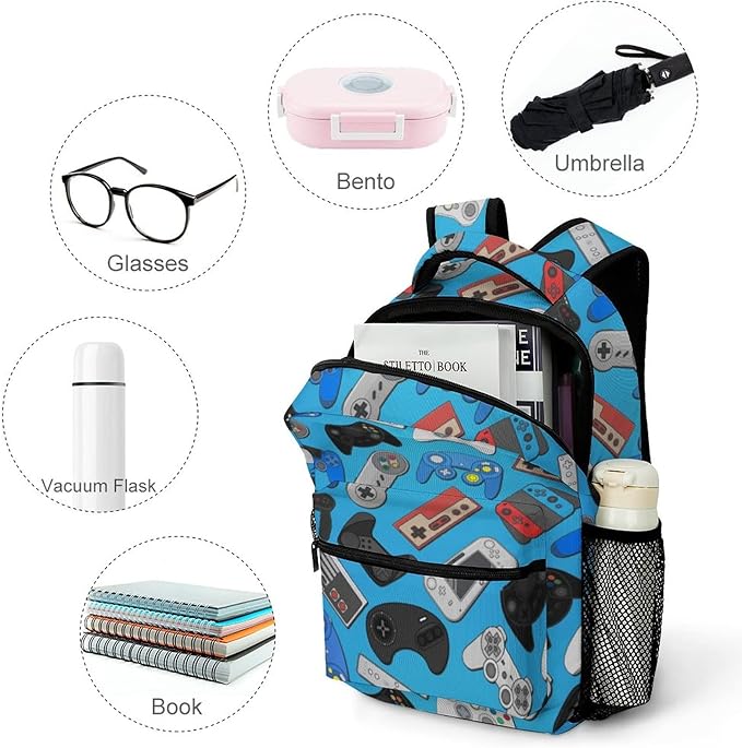 Fiokroo Video Game Controller Background Backpack School Bag For Students Teens Men Women Gaming Theme Laptop Backpacks Travel Daypack Bag With Multiple Pockets