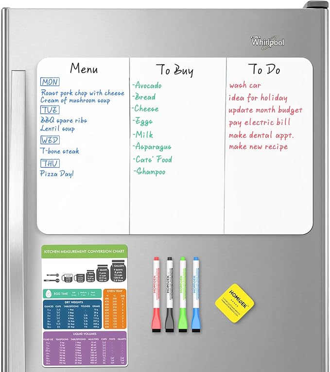 Magnetic Dry Erase Board: Small Fridge Whiteboard, Flexible Refrigerator Magnet White Board, Blank Writing Note Sheet with Kitchen Conversion Chart Magnet, 4 Markers & Eraser - 20 x 13