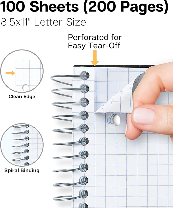 Dunwell Graph Paper Notebook 8.5 x 11 (Black) Plastic Cover, 100 Sheets (200 Pages), 4x4 Squares, 1 Subject Graph Paper Spiral Notebook, 1/4" Grid, Pocket Divider, Easy Tear-Off, 3-Hole Punched