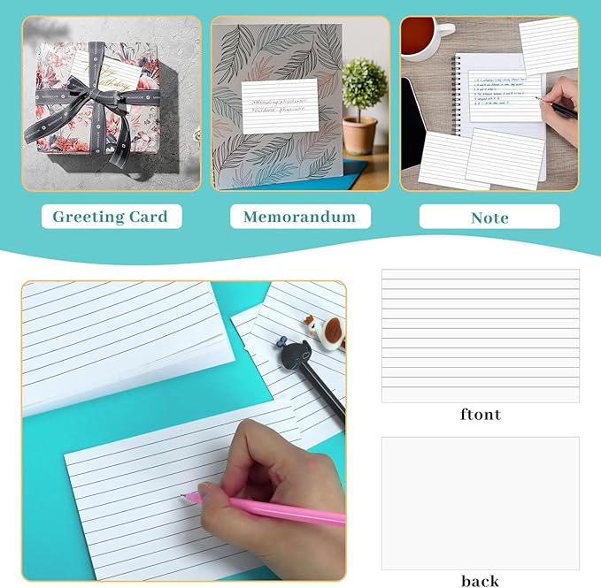 Tecmisse 160 PCS Index Cards 4 x 6 Inches, 180 GSM Thick Flash Cards, White Lined Note Cards Study Cards for School Learning and Office Supplies