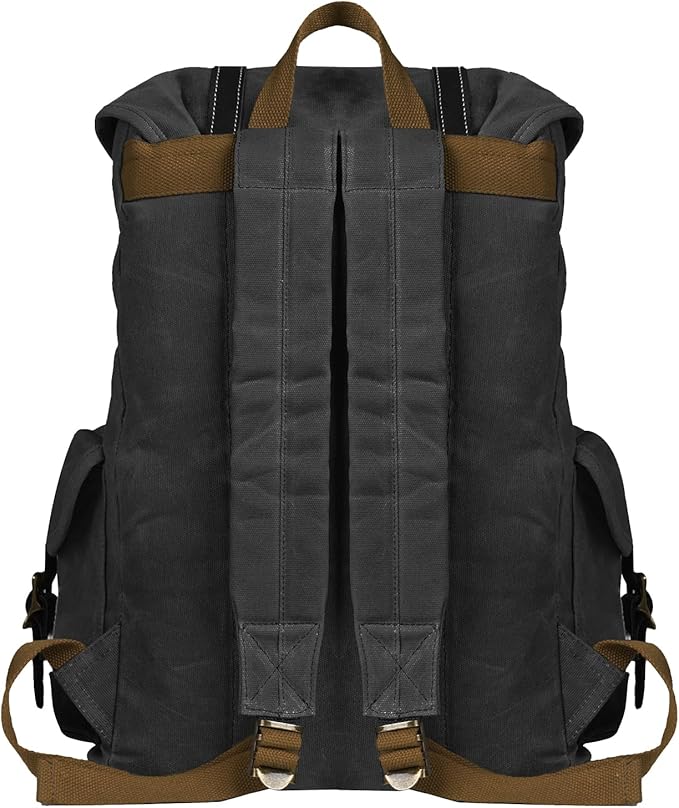 Backpack for Men Heavy Duty Waxed Canvas Vintage Women Trim Casual 15.6" laptop Travel Backpack-Black