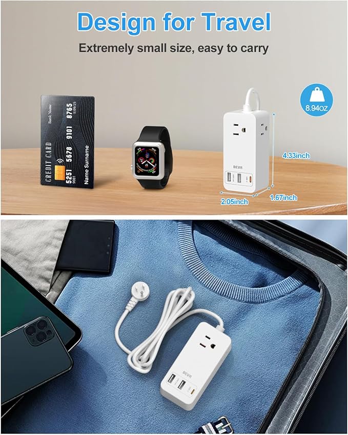 Small Flat Plug Power Strip, Extension Cord with 3 USB Wall Charger(1 USB C), 3 Outlets Mini Charging Station, 5 FT Flat Plug for Cruise Travel Office School Dorm Room Essentials