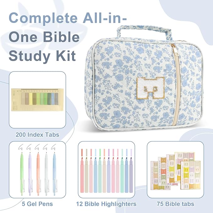 Personalized Initial Bible Cover Case for Women Girls Kid - Large Quilted Bible Case with Handle, Stylish Chenille Letter Bag Study Supplies, Perfect Christmas Gifts for Christians (Blue Flower-E)