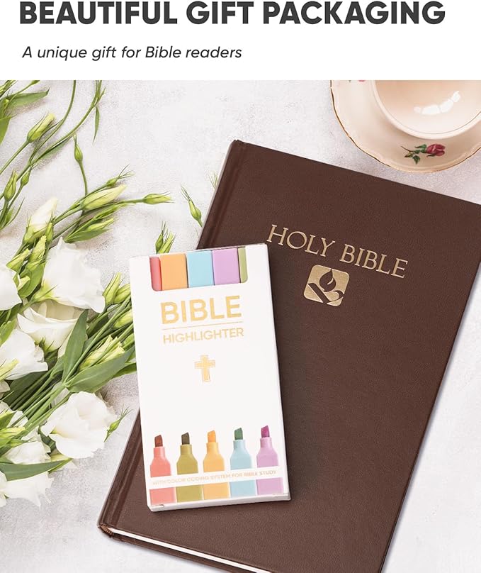 Bible Highlighters with Highlighting System, Chisel Tip No Bleed Highlighters for Bibles, Aesthetic Highlighter Marker Set in Assorted Colors for Bible Study Journaling [5 Pack]