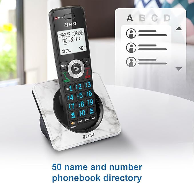 AT&T GL2101-1M DECT 6.0 Cordless Home Phone with Call Block, Caller ID, Full-Duplex Handset Speakerphone, 2" White Backlit Display, Lighted Keypad (Marble)