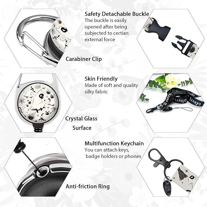 Giancomics Halloween Lanyards for Id Badges, Spooky Black Cat ID Badge Holder with Lanyard Badge Reel Retractable, Cute Bat Lanyard with ID Holder Keychain Clip Name Tag ID Card Holder Women Office