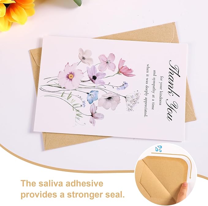 C2U Funeral Thank You Cards with Envelopes(50 Pack 4"x6"),Stickers & Message Inside - Wildflower Bereavement Sympathy Thank You Cards for Funeral Family Friends Loved Ones