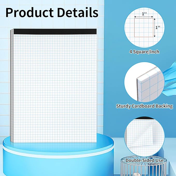 Grid Paper Notebook 8.5 X 11, 4x4 Graph Paper,-Sturdy Cardboard Backing, Graph Paper Pad for School, Office, Home, 70 Gsm Grid Paper, 2 Packs, 30 Sheets/Pad
