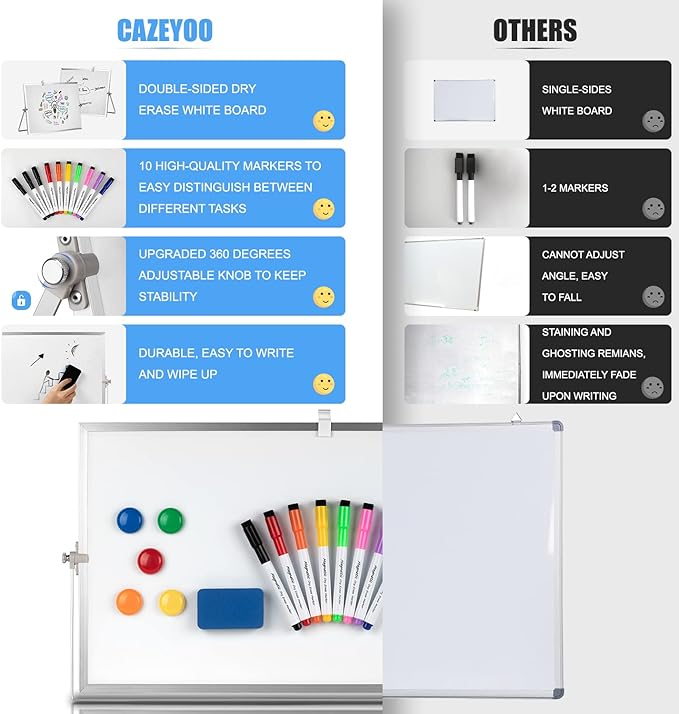 Dry Erase White Board, Cazeyoo Magnetic Desktop Whiteboard 16 x 12inch with Stand, 10 Markers, 4 Magnets and 1 Eraser, Portable Double-Sided White Board for Kids Drawing, Office, Home, School - White