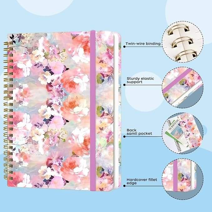 Spiral Notebook - A5 Spiral Notebooks, 8.3'' × 5.8'', 160 Pages, Aesthetic Journaling Notebooks for Women, College Lined Notebook with Elastic Closure, Back Pocket, for School Office, Pink Flower