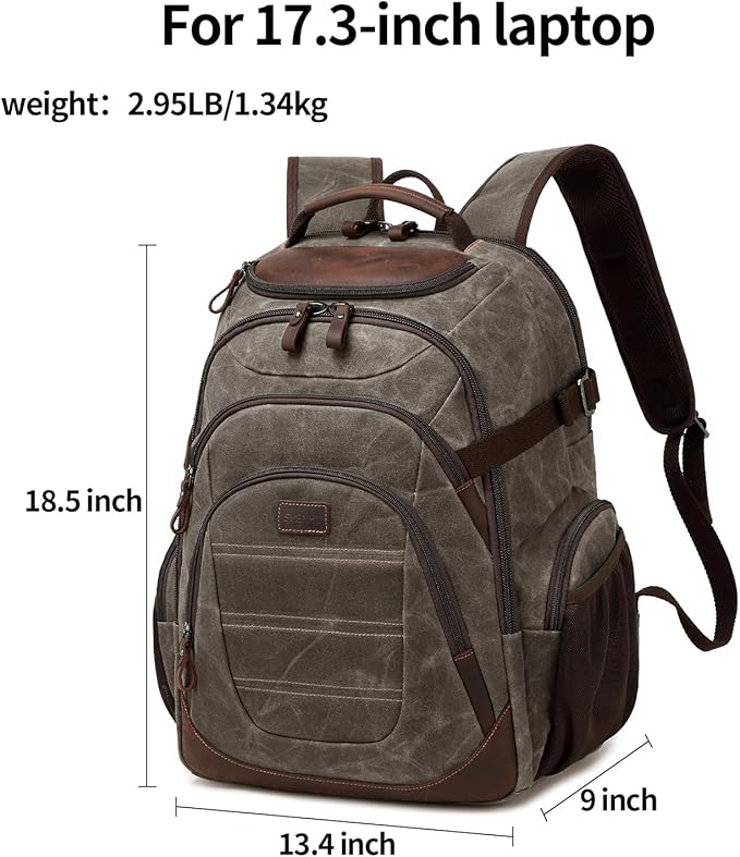 Travel Laptop Backpack 17.3 inch XL Computer Backpack for Men Waxed Canvas College Daypack Business Backpack Green