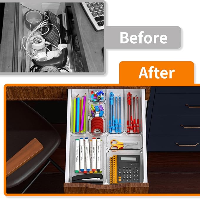 7 Pack Clear Plastic Drawer Organizer Set,4 Sizes Bathroom Drawer Organizers and Storage Bins,Vanity Drawer Organizer for Makeup, Cosmetics, Jewelry, Utensils, Gadgets,Office In Drawer Organizer Trays