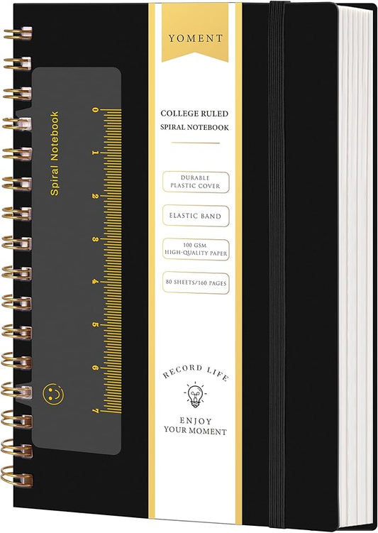 Yoment Spiral Notebook College Ruled A5 Spiral Bound Journal 160 Pages Thick Paper Plastic Hardcover Spiral Notebook 5x7 Wire Bound Notebooks for Note Taking School Office Supplies,Black
