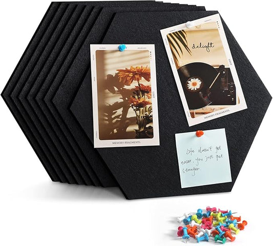 12" Large Bulletin Board with 30 Push Pins, Pack of 8 Hexagon Felt Pin Board Notice Boards for Home Office Kitchen, Felt Wall Tiles for Photos Memos