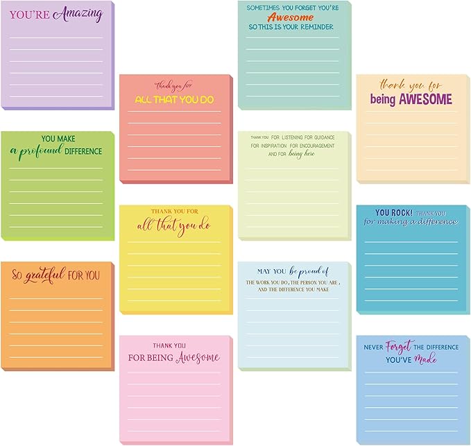 Yinder 24 Pcs Employee Appreciation Sticky Notes Thank You Gifts Bulk Note Pads with Sayings Teacher Gift Mini Pocket Inspirational Notepads for Coworker Office Supply 3 x 3''(Pastel,Thanks)