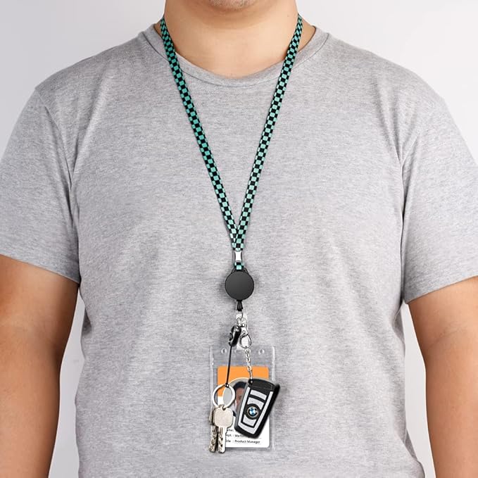 6 Pack Retractable Badge Lanyards and ID Badge Holder, Strap Lanyard with Swivel Metal Clasp for Badge Holders, Keychains, Offices, Staff, Students, Employees, Black Green Chequer
