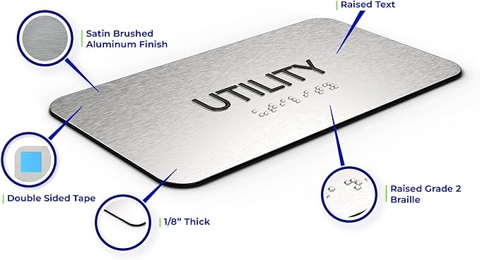 Utility Room Sign for Business - Office Signs, Aluminum Brushed Silver, Tamper-Proof, Heavy Duty Mounting Tape, Easy Install, Office Décor, ADA Compliant, Grade 2 Braille (7” W x 4” H) ADASigns.org