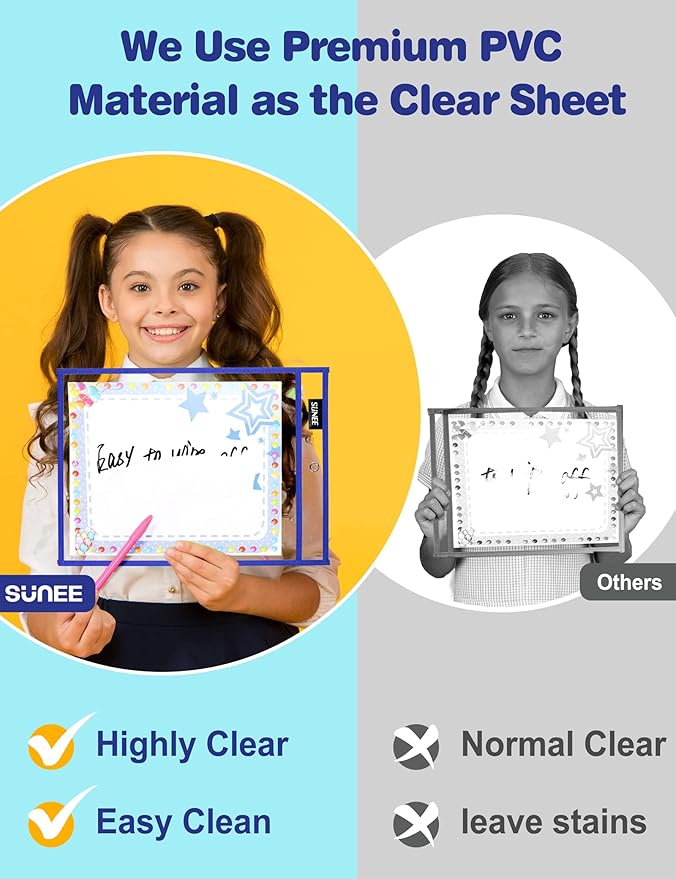 SUNEE 35 Packs Oversized Reusable Dry Erase Pocket Sleeves with 2 Rings, 10 Assorted Colors 10x14 Ticket Holders, Clear Plastic Sheet Protectors, Teacher School Classroom Supplies