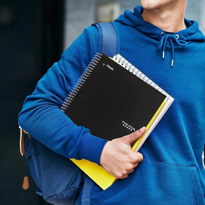 Five Star Spiral Notebook + Study App, 3 Subject, Wide Ruled Paper, 8" x 10-1/2", 150 Sheets, Black (73094)