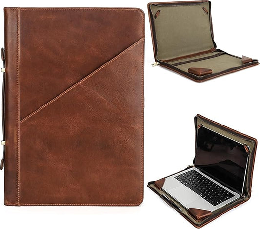 Top Grain Leather 16.2" Slim Laptop Zipper Folio Case Bag, Handmade & 2 Pockets, Compatible with MacBook Pro 16.2" A2485 M1 Max 15" Touch Bar A2141 A1707 Pro 16" Touch ID, Brown 16.2 Inch
